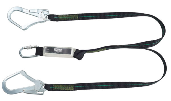 MSA Energy Absorbing Lanyard, 1.5m, Webbing, Twin Leg, Screwgate Carabiner, Scaffold Hook